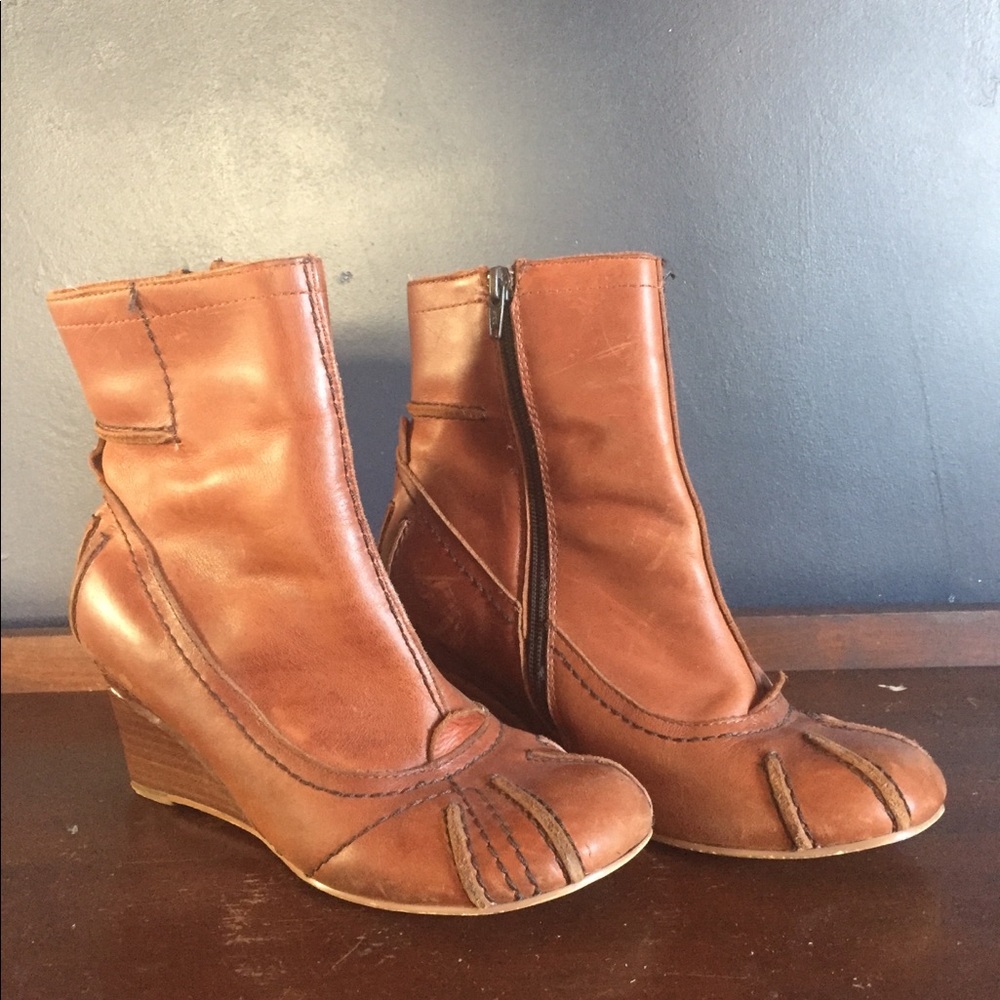 Brown Leather Zip Up Wedge Bootie